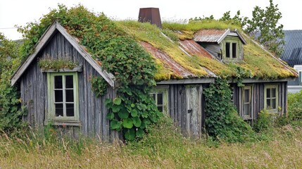 Fototapeta premium Glaumbaer farmhouse in Iceland surrounded by lush greenery and rustic charm showcasing traditional turf roof architecture