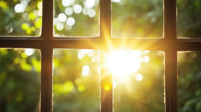 Energy efficient window blocking ultraviolet rays to reduce heat loss in a contemporary residential environment with sunlight filtering through.