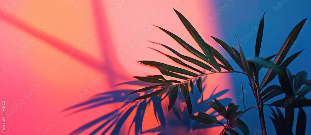 Poster vibrant abstract composition with lush tropical foliage creating dynamic shadows against a colorful 