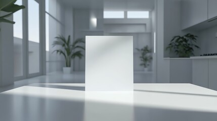 Fototapeta premium Bright modern interior featuring minimalistic empty space and a blank frame on a table ideal for mockup designs and branding applications
