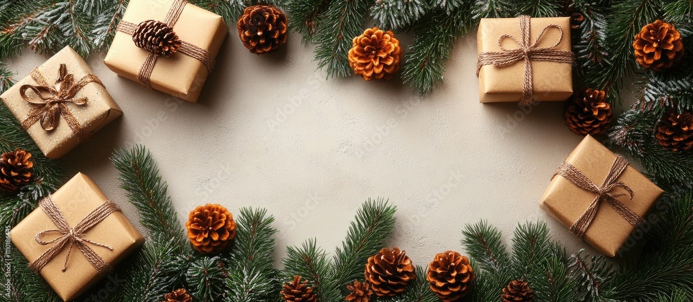 Aufkleber christmas gift boxes arranged with pine cones and coniferous branches on a light background creating