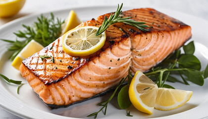 Grilled salmon served with asparagus and lemon slices on a pristine white plate, showcasing a vibrant and healthy meal.