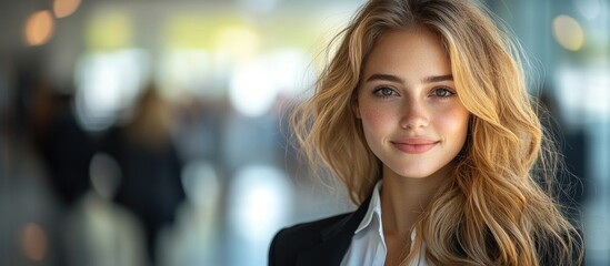 Professional young businesswoman with a confident smile in a business setting showcasing elegance and style in her attire.