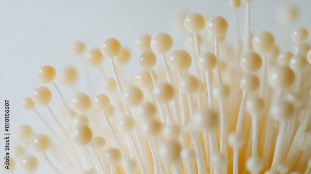 Poster enoki mushrooms clustered showcasing delicate texture and soft colors on a bright white background i