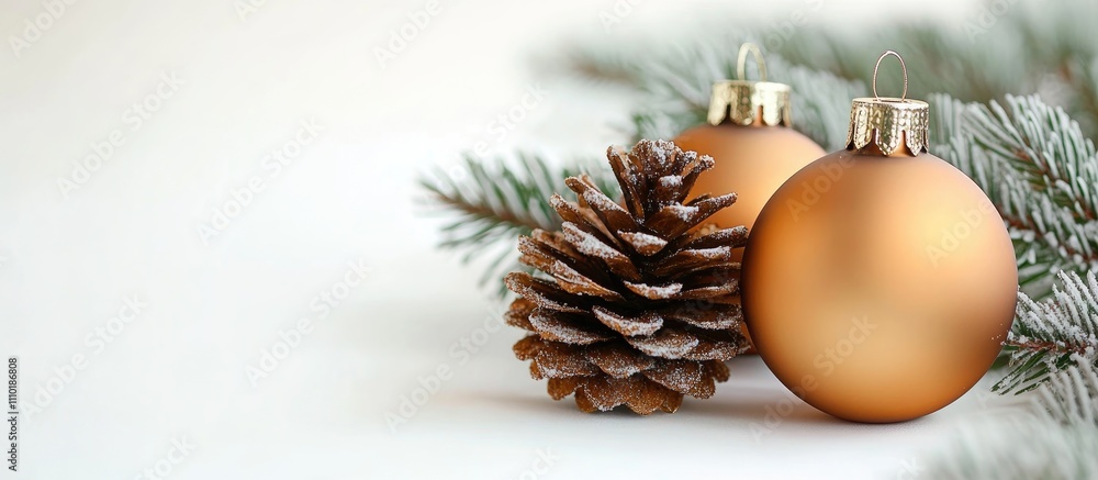 Poster rustic christmas ornaments and pinecone on frosted evergreen branch with space for text on a white b