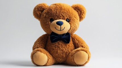 Obraz premium Adorable fluffy teddy bear with round black eyes and a blue satin bow tie isolated on a clean white background perfect for children's imagery