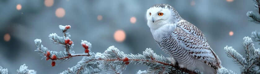 Fototapeta premium Christmas owl perched on frosty branch winter wonderland nature photography serene viewpoint