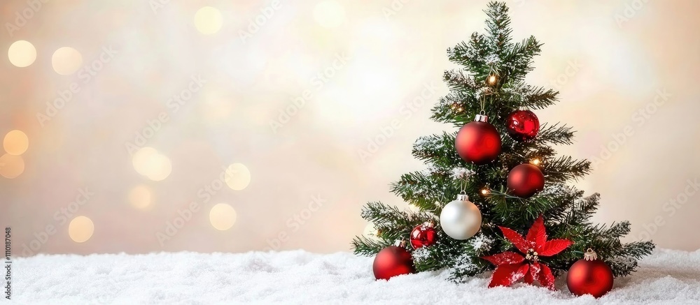 Poster festive christmas tree decorated with ornaments and lights in a snowy setting creating a warm holida
