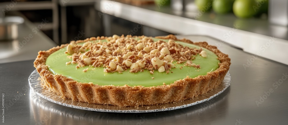Poster key lime tart with cookie crust and white chocolate flakes displayed in a bakery setting on a stainl