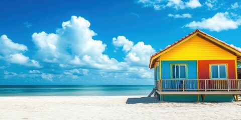 Obraz premium Vibrant Beach House Escape: Tropical Paradise Getaway under Sunny Skies