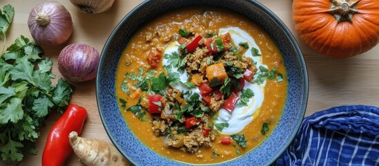Butternut Squash Soup Garnished with Fresh Vegetables and Herbs on a Wooden Surface