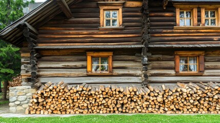 Firewood neatly stacked in front of a rustic wooden house showcasing traditional architecture and nature's charm.