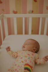Baby in colorful onesie sleeping in a cozy crib