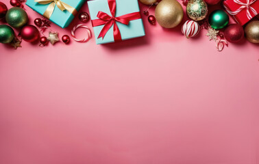 Christmas gifts and ribbons, surrounded by Christmas balls, lollipops on bright pink background. Christmas holiday spirit