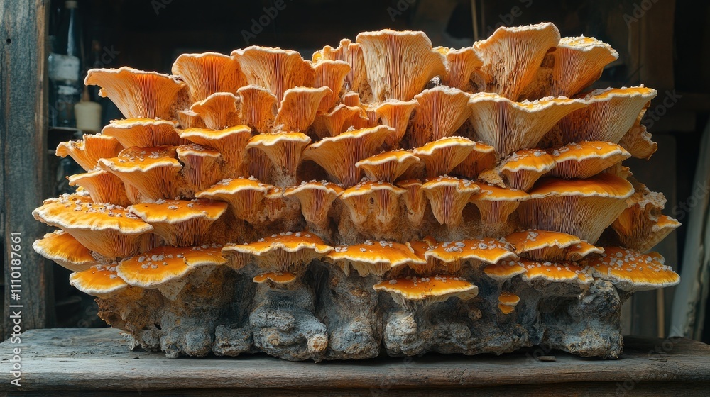 Poster dried mushroom stack displayed in rustic setting for culinary or decorative use