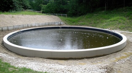Fototapeta premium Artificial fish farming pond with surface aerators for enhanced oxygenation and water quality management in aquaculture practices.