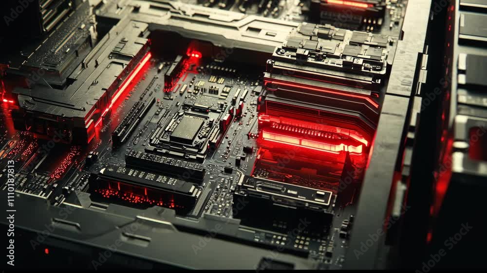 Poster close-up view of a modern computer motherboard with glowing red lights illuminating the circuit boar