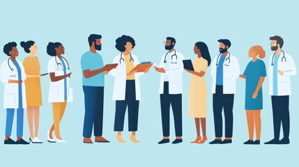 A vibrant community health fair where medical professionals from diverse backgrounds are providing free consultations and services, symbolizing health equity, minimalist composition
