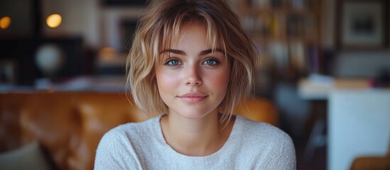 Cheerful young businesswoman with short hair engaging with her smartphone at the workplace in a stylish and modern setting