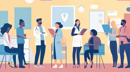 A vibrant community health fair where medical professionals from diverse backgrounds are providing free consultations and services, symbolizing health equity, minimalist composition