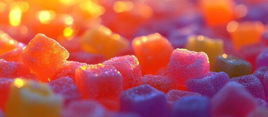 Colorful sugar candies glistening in soft light creating a vibrant holiday atmosphere perfect for festive celebrations and seasonal treats