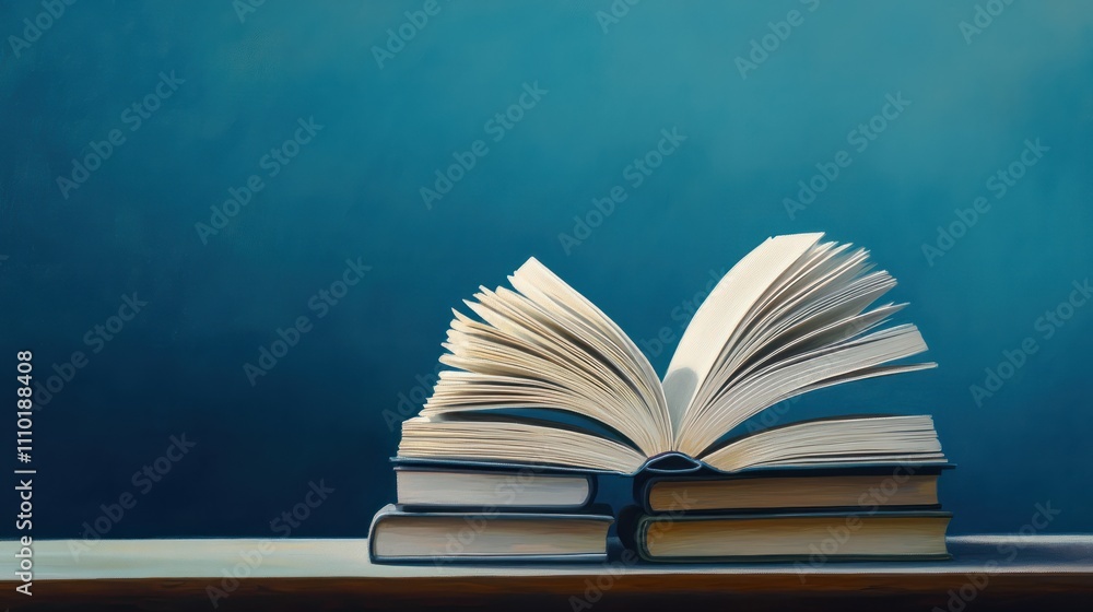 Aufkleber a stack of open books on a wooden table isolated against a blue background. space for copy. reading 