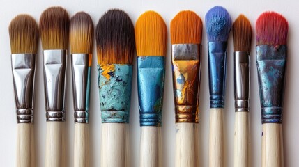 Fototapeta premium Professional paint brushes displayed on a white background showcasing various sizes and colors for artistic and creative projects.
