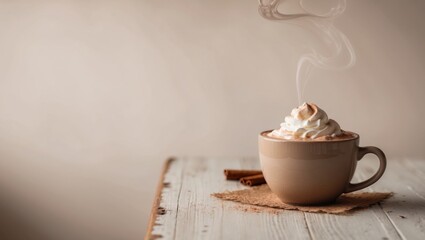 Delicious Hot Cocoa With Whipped Cream and Cinnamon on a Cozy Wooden Table.