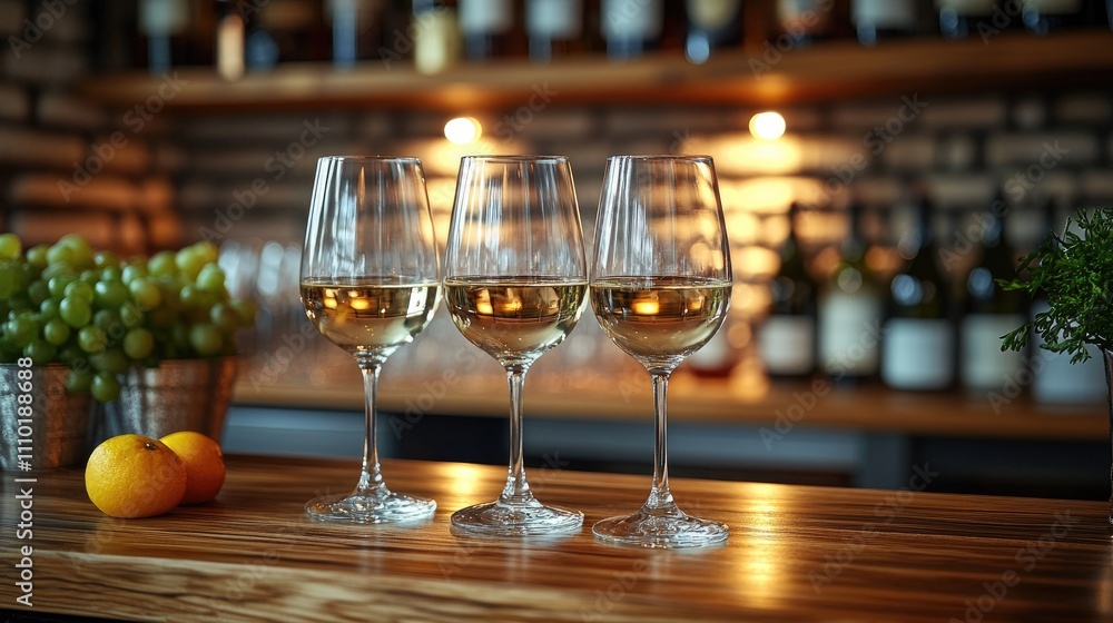 Poster empty wine glasses elegantly arranged on a polished wooden bar counter with bottles and grapes in th