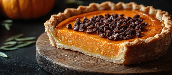 Homemade pumpkin pie with seeds on wooden surface autumn dessert traditional cuisine