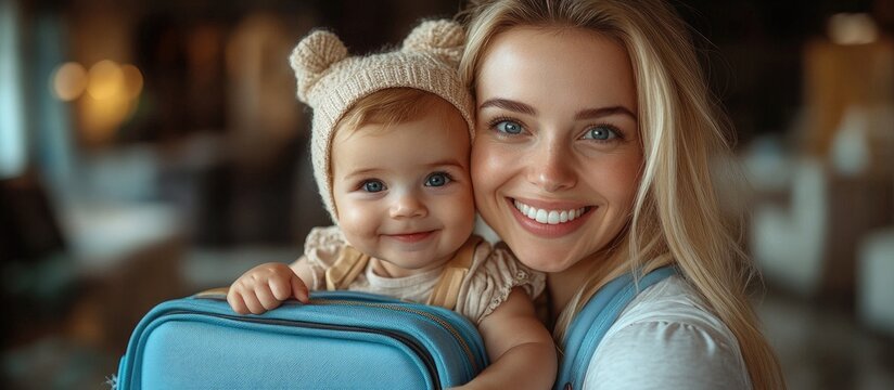 Mom and baby smiling with a blue suitcase ready for vacation showcasing excitement and joy in their travel adventure