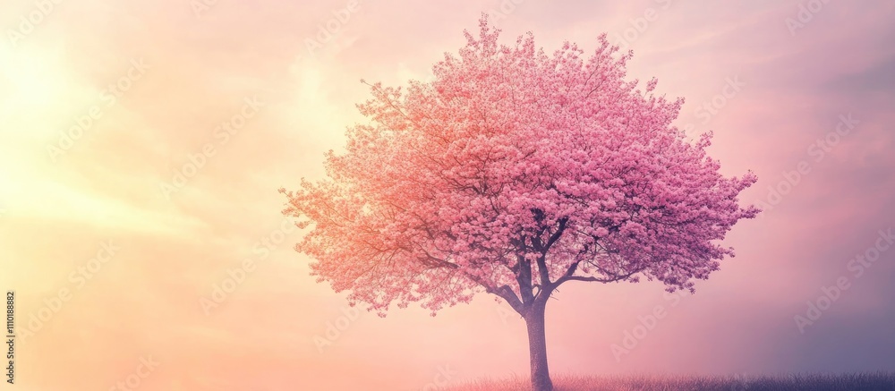 Poster pastel pink background with a beautiful cherry blossom tree creating a serene and tranquil nature sc
