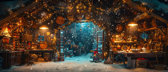 Festive workshop filled with holiday decorations and snowflakes during a magical winter evening