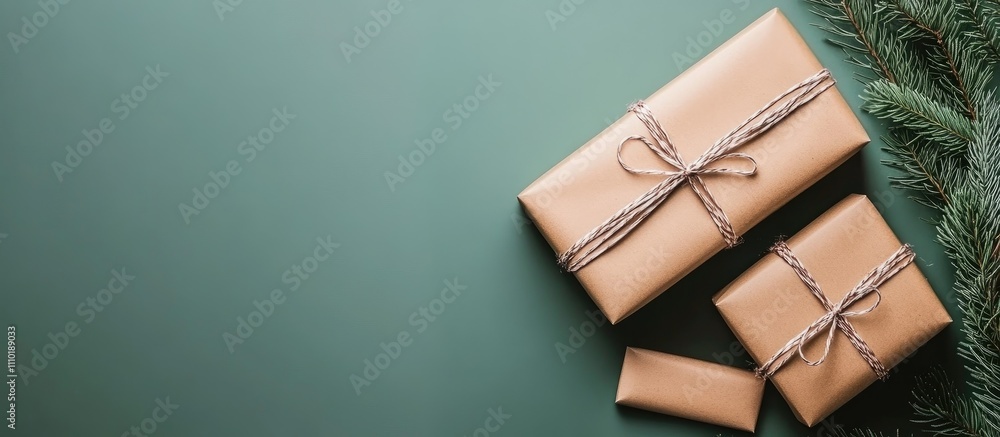 Poster minimalistic christmas gift boxes on a green table with fir branches and festive wrapping creating a