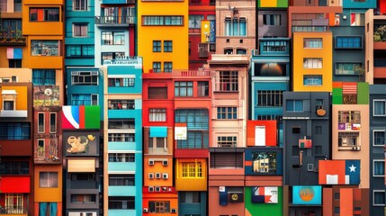 A vibrant depiction of cultural diversity with a cityscape where buildings are decorated with flags and symbols from different cultures, symbolizing global community, minimalist composition