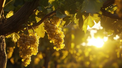 Sunlit grapes hanging on vine in vineyard during golden hour showcasing a tranquil and vibrant agricultural landscape.