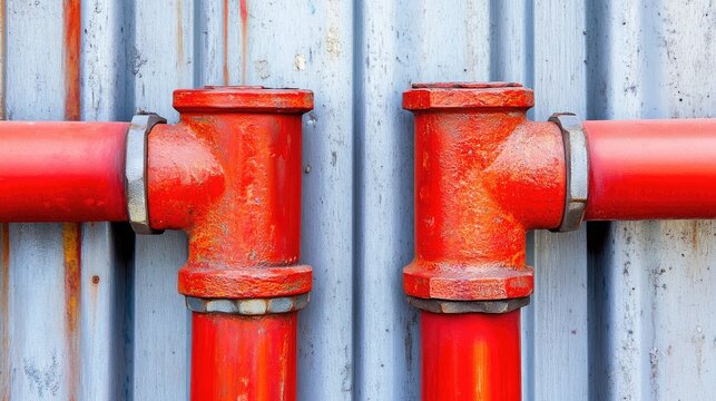 Two intersecting red metal pipes against a weathered blue corrugated background showcasing industrial design and structure. - Powered by Adobe