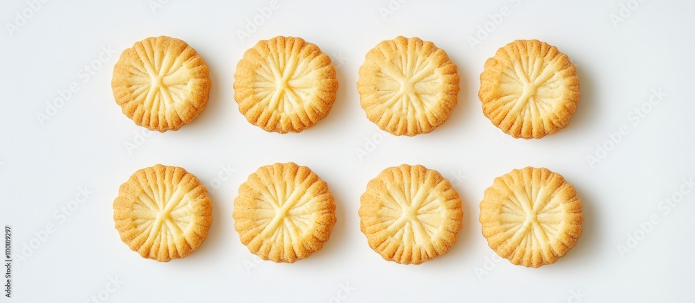 Poster danish butter cookies arranged neatly on a white background showcasing their distinctive shape and t