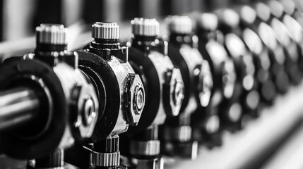 Naklejka premium Vintage industrial craftsmanship showcasing a production line with detailed machinery elements in monochrome tones.
