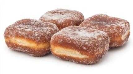 Freshly baked square donuts dusted with powdered sugar arranged on a clean white background ideal for dessert and bakery promotions.