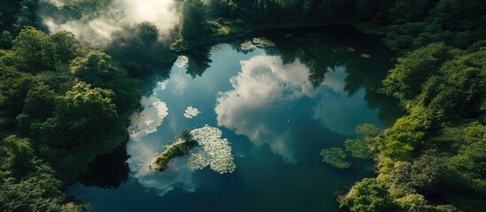 Aerial view of serene waters reflecting clouds surrounded by lush green forest creating a peaceful natural retreat captured by a drone