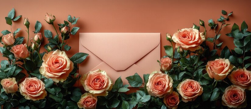 Elegant envelope surrounded by lush roses perfect for wedding invitations and decoration inspiration
