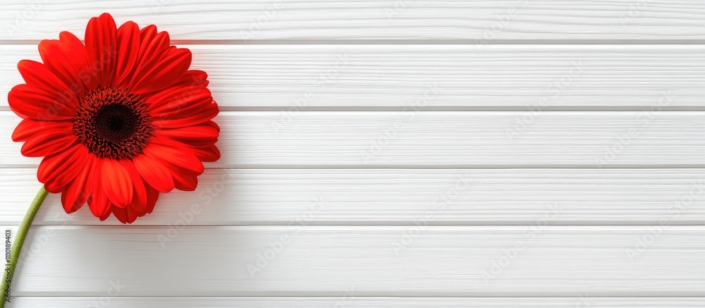 Poster red flower shadow on wooden table with white backdrop and copy space for text or design elements