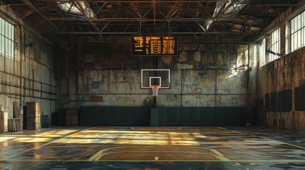 Basketball stadium with steel beams, retro scoreboard, and scuffed-up court 