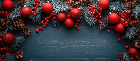 Festive Christmas Decoration Display with Ornaments Pine Cones and Berries on a Rustic Blue Wooden Background for Holiday Greeting Cards