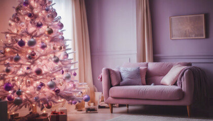 A pastel pink and lavender Christmas tree adorned with soft lights and matching baubles, placed in a minimalist living room.