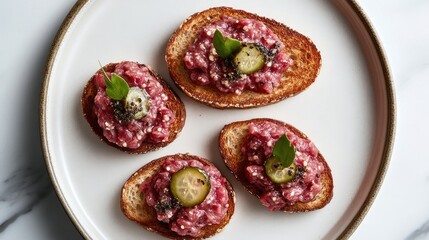 Elegant beef tartare on toasted bread topped with pickles and black garlic cream served on a minimalist white plate for fine dining gourmet experience