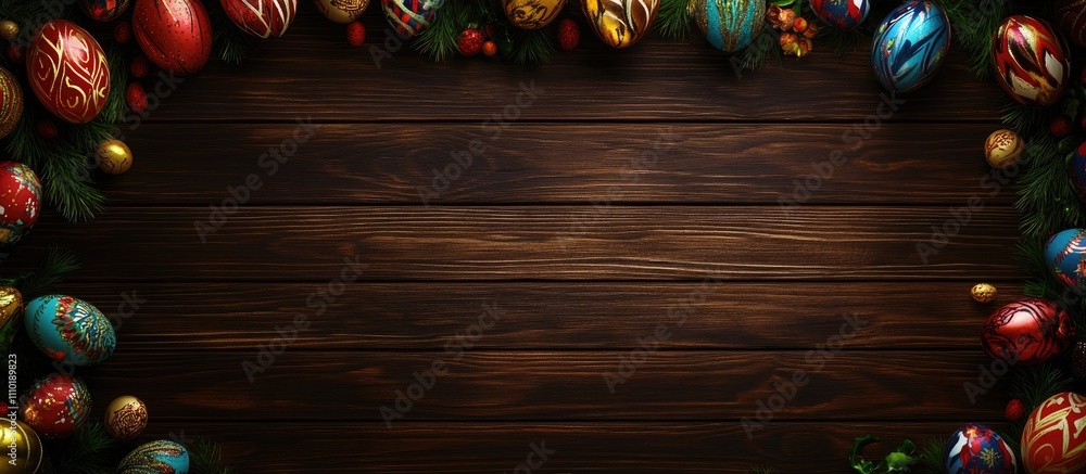 Aufkleber colorful easter eggs arranged on a rustic wooden surface creating a festive frame with ample copy sp