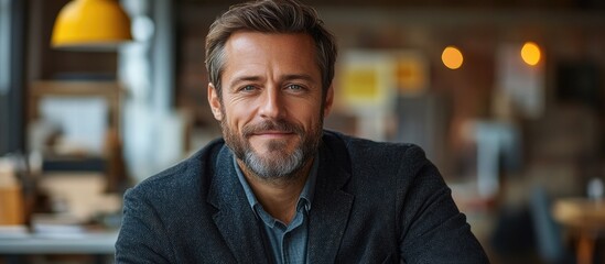 Obraz premium Confident bearded businessman in smart blazer smiling at modern workplace showcasing leadership and professionalism in a contemporary setting