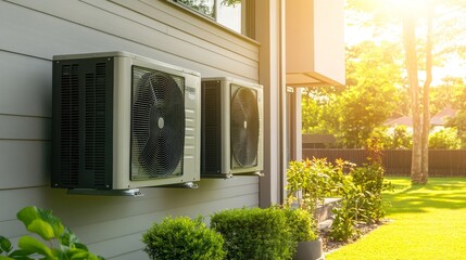 A wall mounted air conditioner unit is on the side of a building